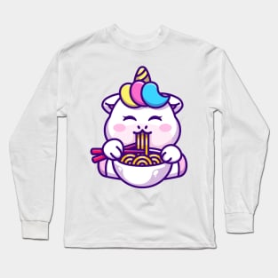 Cute unicorn eating ramen with chopstick cartoon Long Sleeve T-Shirt